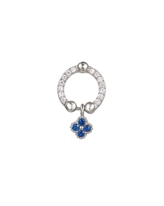 Close-up of a silver barbell stud earring featuring a blue clover pendant and zircon hoop