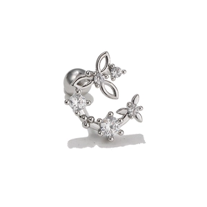 Detail showing butterfly stud earrings with clear zircons and round screw ball back
