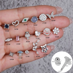 Flower and geometric stainless steel cartilage studs with cubic zirconia inlays