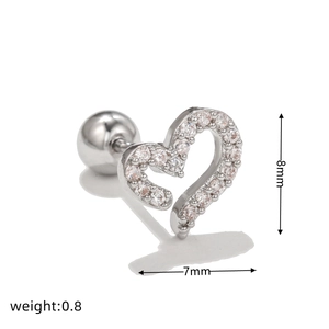 Detail view of heart-shaped stainless steel screw back stud with pavé cubic zirconia