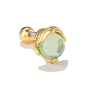 Detail of flower screw back earring with green stone and gold plating finish