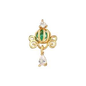 Gold pumpkin carriage earring with green gemstone and white zircon drop pendant