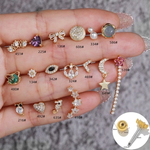 Pendientes de Botón de Latón y Zirconia Vintage para Mujer Joyería de Piercing de Hueso de Oreja Pequeña Retro Dorado Oro Rosa Tono Plateado Floral Estrella Luna Corazón Regalo de Fiesta