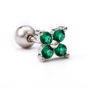 Minimalist flower ear stud with green cubic zirconia and screw ball back in steel