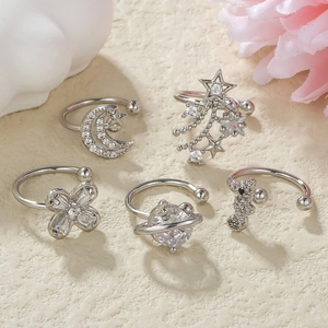 Five-piece silver ear cuff set with moon star and clover designs featuring sparkling zircon