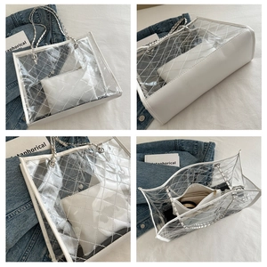 Détail du sac cabas en PVC transparent avec surpiqûres blanches et chaîne argentée