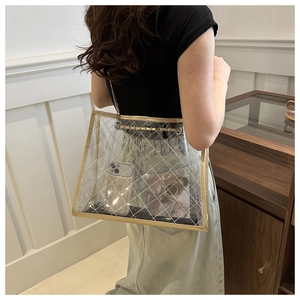 Gros plan détaillé du sac cabas en PVC transparent avec bordure dorée et chaîne