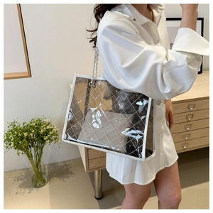 Détail du sac cabas en PVC transparent avec motif matelassé blanc et chaîne argentée