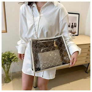 Détail du sac cabas en PVC transparent avec surpiqûres blanches et chaîne argentée