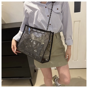 Détail du sac cabas en PVC transparent avec motif matelassé et bandoulière chaîne