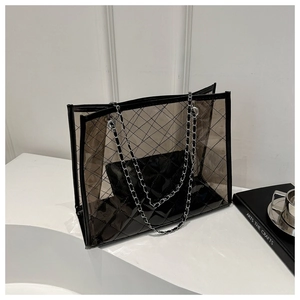 Sac Fourre-Tout Transparent en PVC pour Femmes Motif Treillis Matelassé Avec Pochette Intérieure Bandoulière Chaîne en Métal Grande Capacité Sac à Épaule Décontracté de Plage Ensemble Deux Pièces