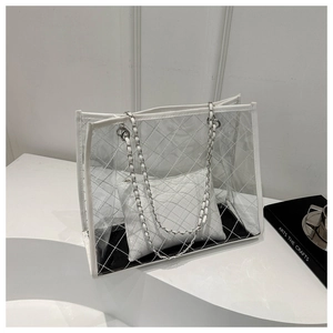 Détail d'un cabas en PVC transparent avec motif matelassé et bandoulière en chaîne