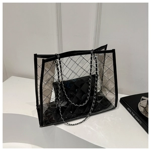Détail du sac cabas transparent en PVC avec treillis diamant et bandoulière chaîne