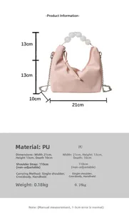 Detailed size chart for pink PU hobo bag with pearl handle and chain strap specs