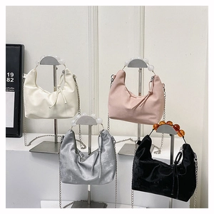 Women PU Leather Underarm Bag With Bead Handle And Chain Strap Pleated Half Moon Shoulder Crossbody Bag Fashion Handbag