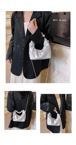 Detailed views of silver pleated cloud bag with pearl handle and chain strap options