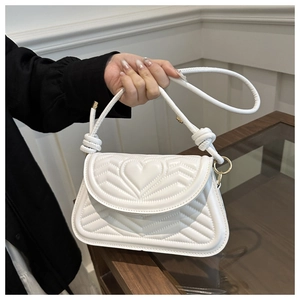 White heart quilted PU leather shoulder bag with knotted strap and gold hardware
