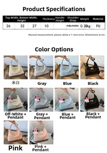 Detailed size chart and multi-color options for the minimalist PU bow shoulder bag