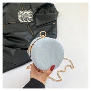 Women Round Mini Bag Marble Wrinkle Texture PU Leather Evening Clutch With Gold Chain Strap Metal Ring Handle Sweet Fashion Shoulder Bag