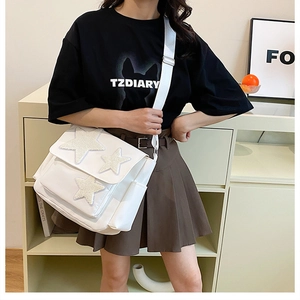 White canvas tote bag with fuzzy star patches for students, casual crossbody school bag