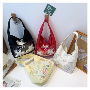 Sac À Main Fourre-Tout En Toile Avec Poche Transparente En PVC Décor Étoile Et Pompon Grande Capacité Pour Femmes