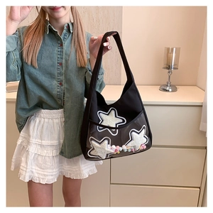 Sac fourre-tout noir pour filles avec étoiles en peluche et poche transparente décorative