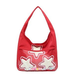 Sac à bandoulière rétro rouge avec poche PVC transparente et décors en peluche d'étoiles