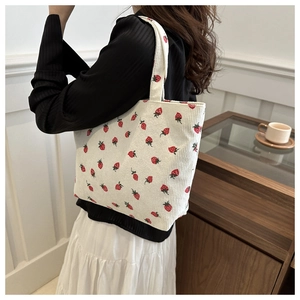Corduroy strawberry tote bag for women in off-white with red fruit pattern