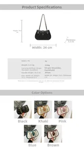 Detailed size specifications and five available colors for quilted chain crossbody bag
