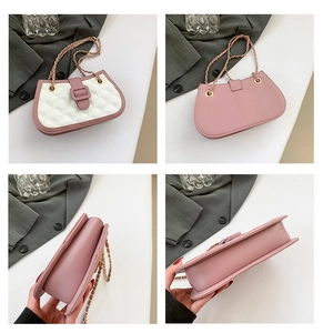 Detailed views of a pink and white quilted crossbody bag with chain strap and leather buckle