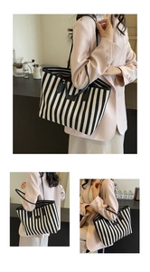 Detailed views of a large striped canvas tote bag with black leather trim accents