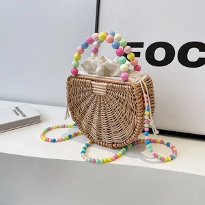 Handmade Rattan Woven Semicircle Shoulder Bag With Colorful Beads Pearl Strap Drawstring Inner Pouch Women Vacation Handbag