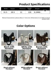 Detailed size chart for minimalist PU tote bag showing dimensions and color options