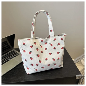 Women Corduroy Tote Bag Strawberry Print Shoulder Bag Large Capacity Casual Handbag Fresh Style Shopping Travel Bag