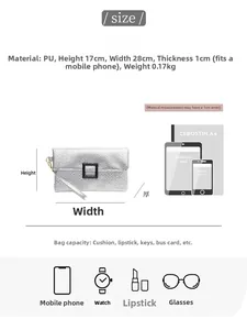 Detailed size chart for silver PU envelope clutch showing dimensions 17x28x1cm