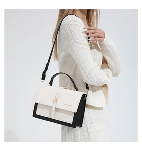 Detail of a chic black and white color-block crossbody bag with elegant gold lettering