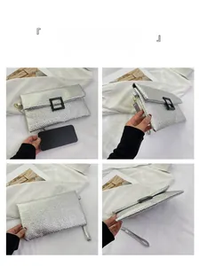 Silver envelope clutch bag with textured finish showing size scale and multiple angles