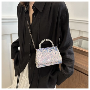 Sparkly sequin mini square bag for women with pearl handle and golden chain strap