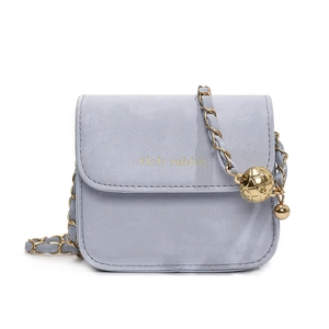 Light blue square chain bag with golden rich rabbit logo and metallic ball charm detail