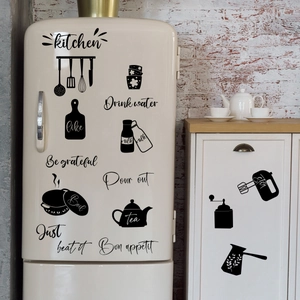 Creative black PVC kitchen wall stickers set featuring cutlery silhouettes and text