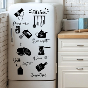 Black vinyl kitchen wall stickers featuring utensils and text on a white refrigerator