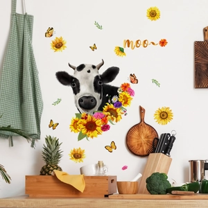 Sticker mural vache avec tournesols et papillons pour décoration de cuisine rustique