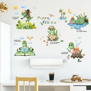 Détail de stickers muraux dinosaures aquarelles pour chambre d'enfant avec citations