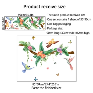 Detail showing tropical hummingbird and plant wall sticker dimensions and layout