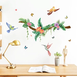 Tropical wall stickers with hummingbirds, hibiscus flowers and monstera leaves for decor
