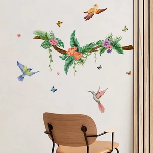 Detail of watercolor green plants with tropical birds and butterflies wall sticker decal