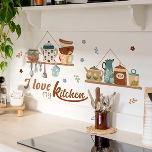 Detail showing 'I love my Kitchen' wall stickers with tea pot and bowl illustrations