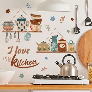 I love my Kitchen wall decals with hand-drawn shelf illustrations and rustic teapots
