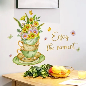 Floral teacup wall decals with butterflies and Enjoy the moment text for kitchen decor