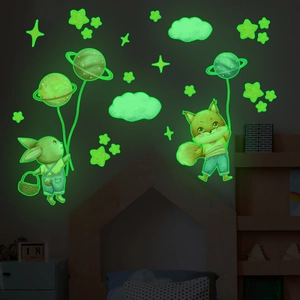 Luminous wall stickers set with cartoon rabbits, stars, and clouds for dark room decoration